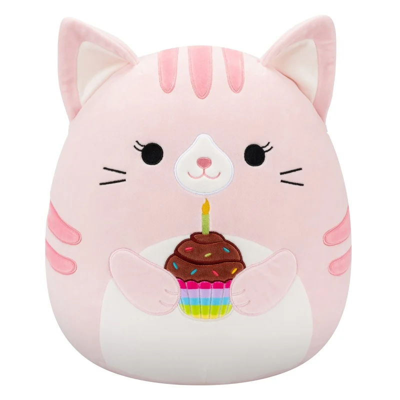 Squishmallows Original 14in Laura the Pink Tabby Cat Holding Birthday Cupcake