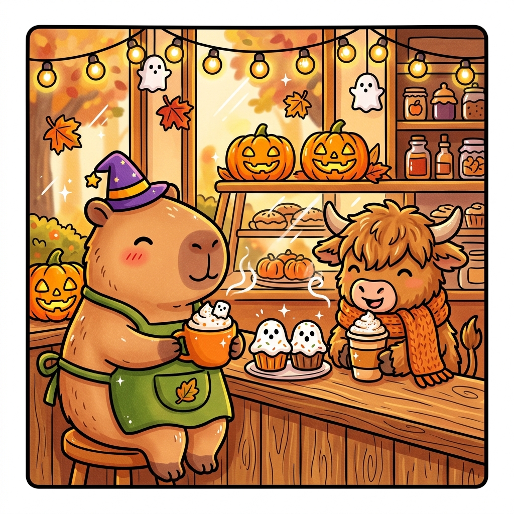 Cozy & Spooky Cafe Critters Front Cover — Capybara Barista and Baby Highland Cow