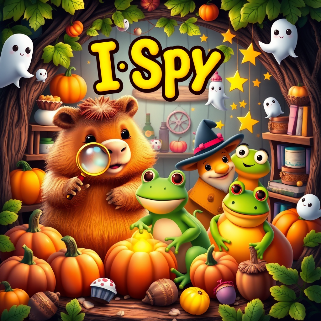 I Spy Spooky & Cozy Critters Front Cover — Search & Find Book with Cute Witchy Capybara and Highland Cow
