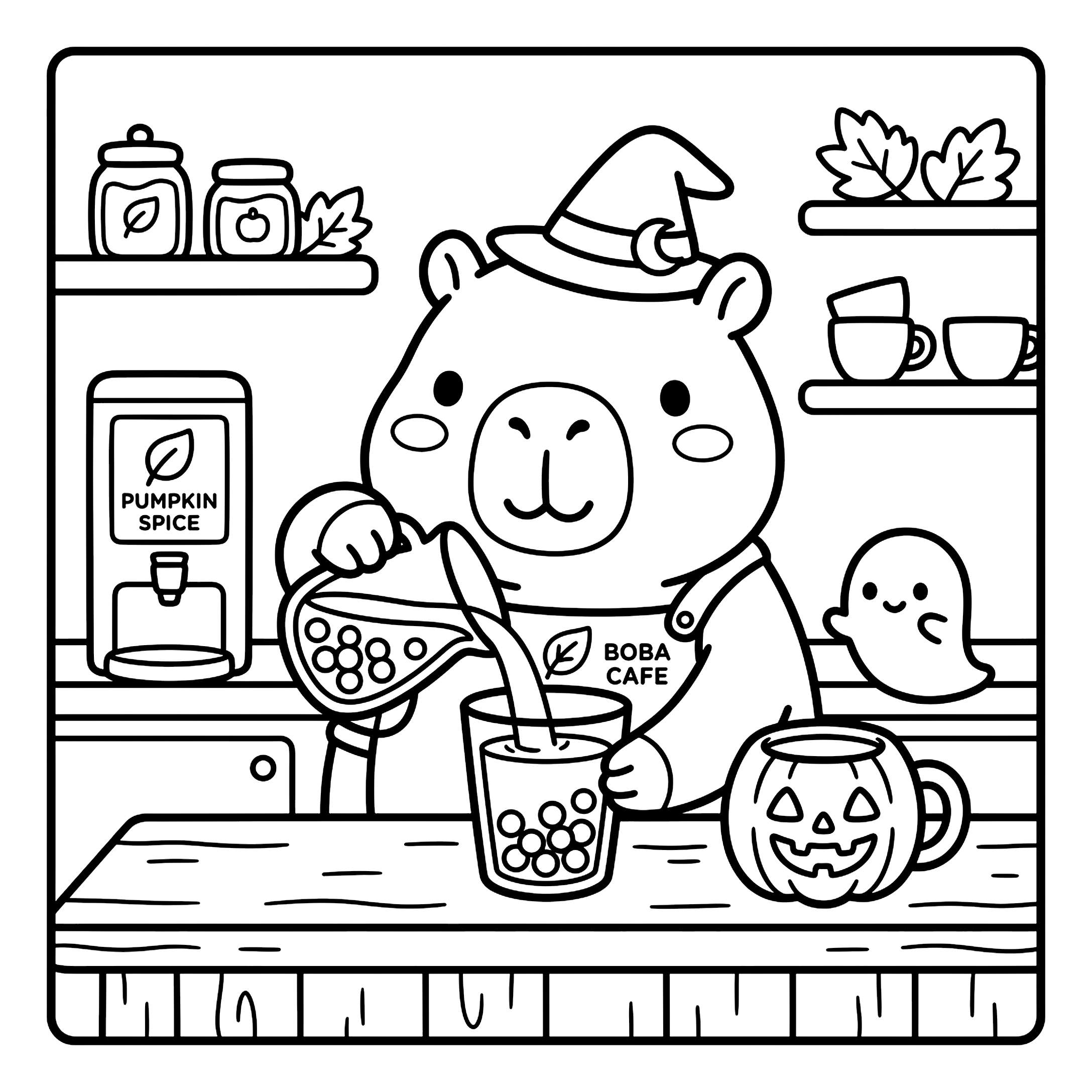 Boba & Broomsticks Cafe — Capybara Barista Brewing Pumpkin Spice Potions