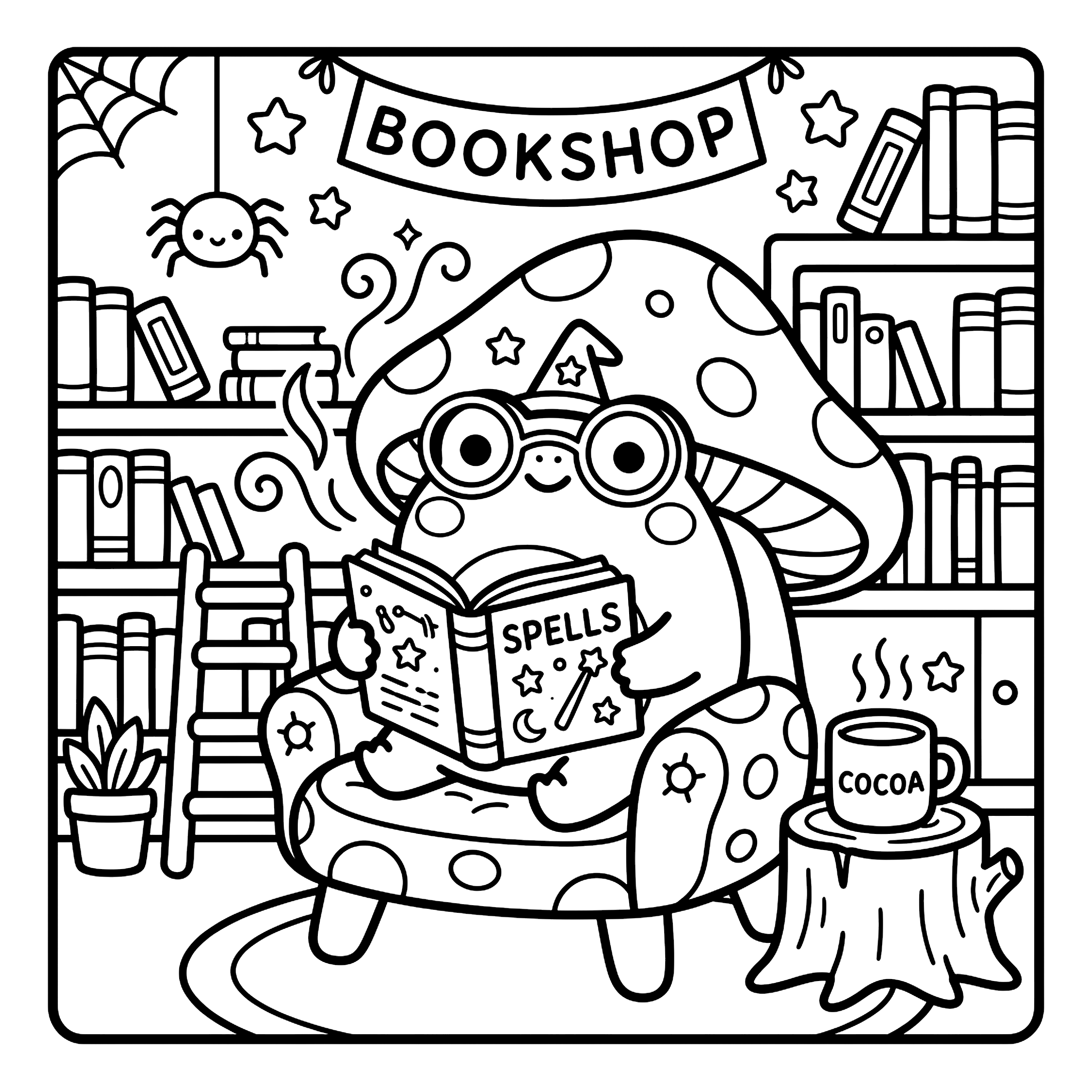 Frog's Cozy Toadstool Bookshop — Chubby Frog in a Wizard Hat Reading by Candlelight
