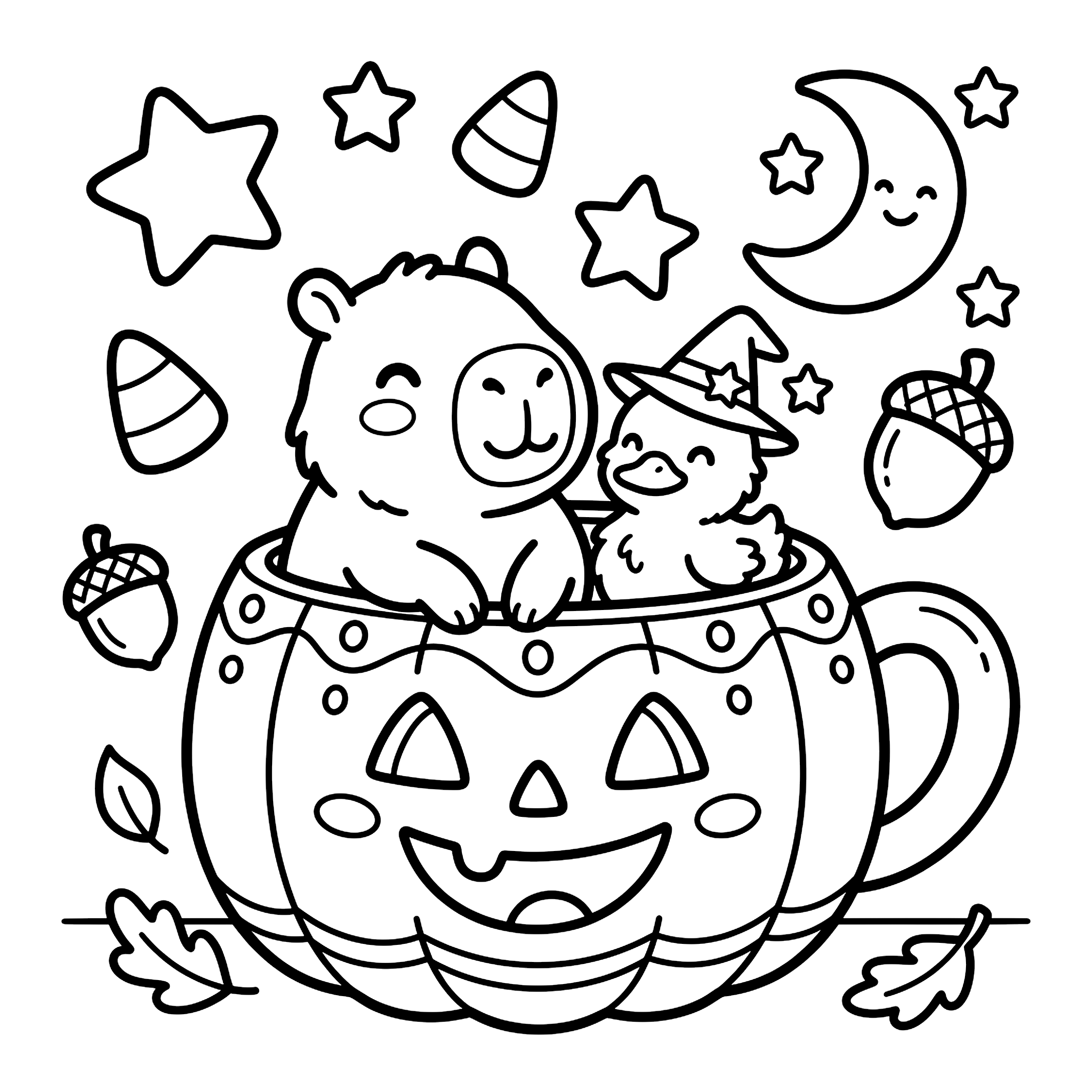 Moonlit Pumpkin Patch Ride — Baby Capybara & Duckling Inside a Giant Pumpkin Mug